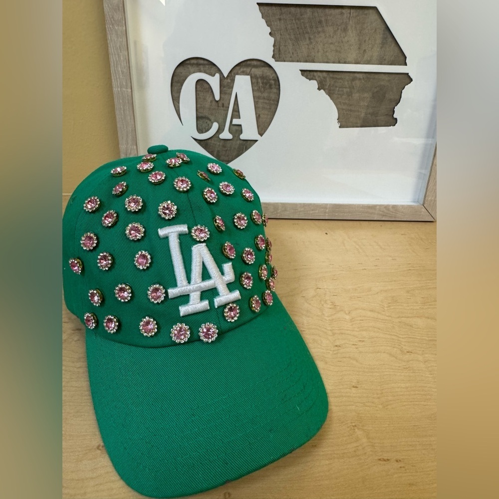 Custom LA Cap. New. Handmade. Green with pink stones.